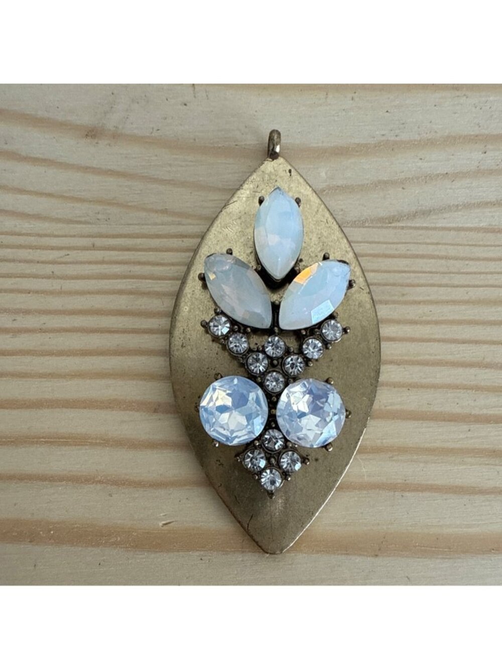 Gold-Toned Leaf-Shaped Pendant With Rhinestone & Opalescent Embellishments